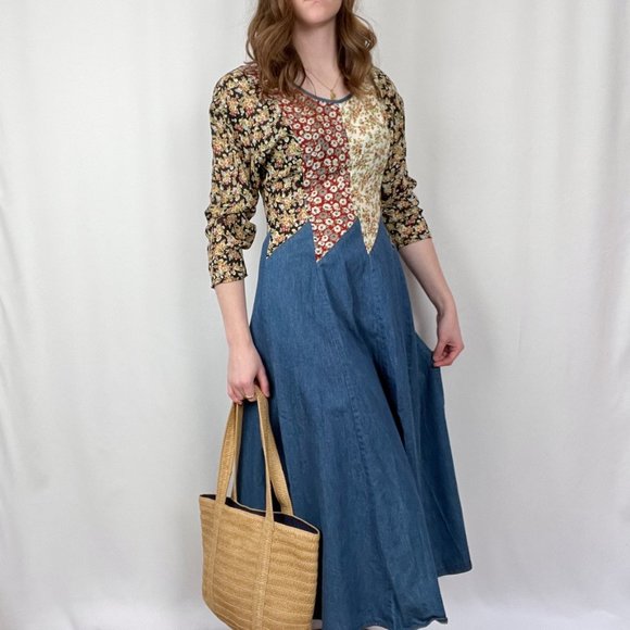 Stunning Vintage Cottagecore Patchwork Quilted Denim Midi Maxi Dress 70s 80s 90s - Picture 5 of 11